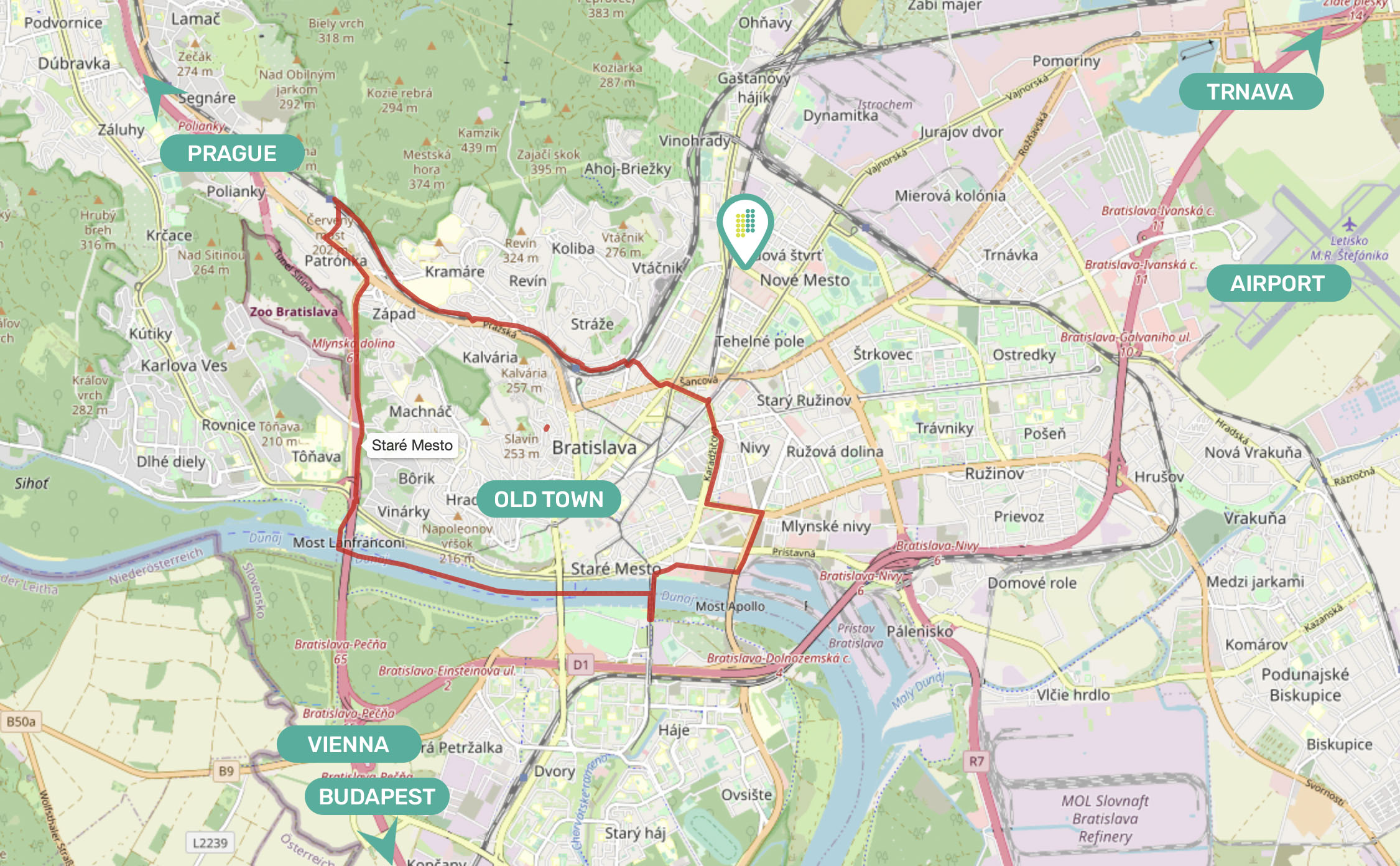 mapa bratislavy kancelarie prenajom